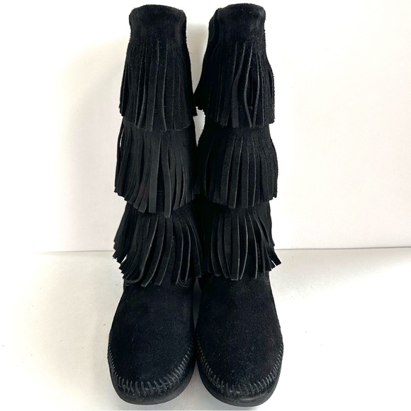 MINNETONKA SUEDE BLACK 3-LAYER FRINGE PULL-ON TALL BOOTS MOCCASINS EUC! Sz8 - Picture 4 of 12